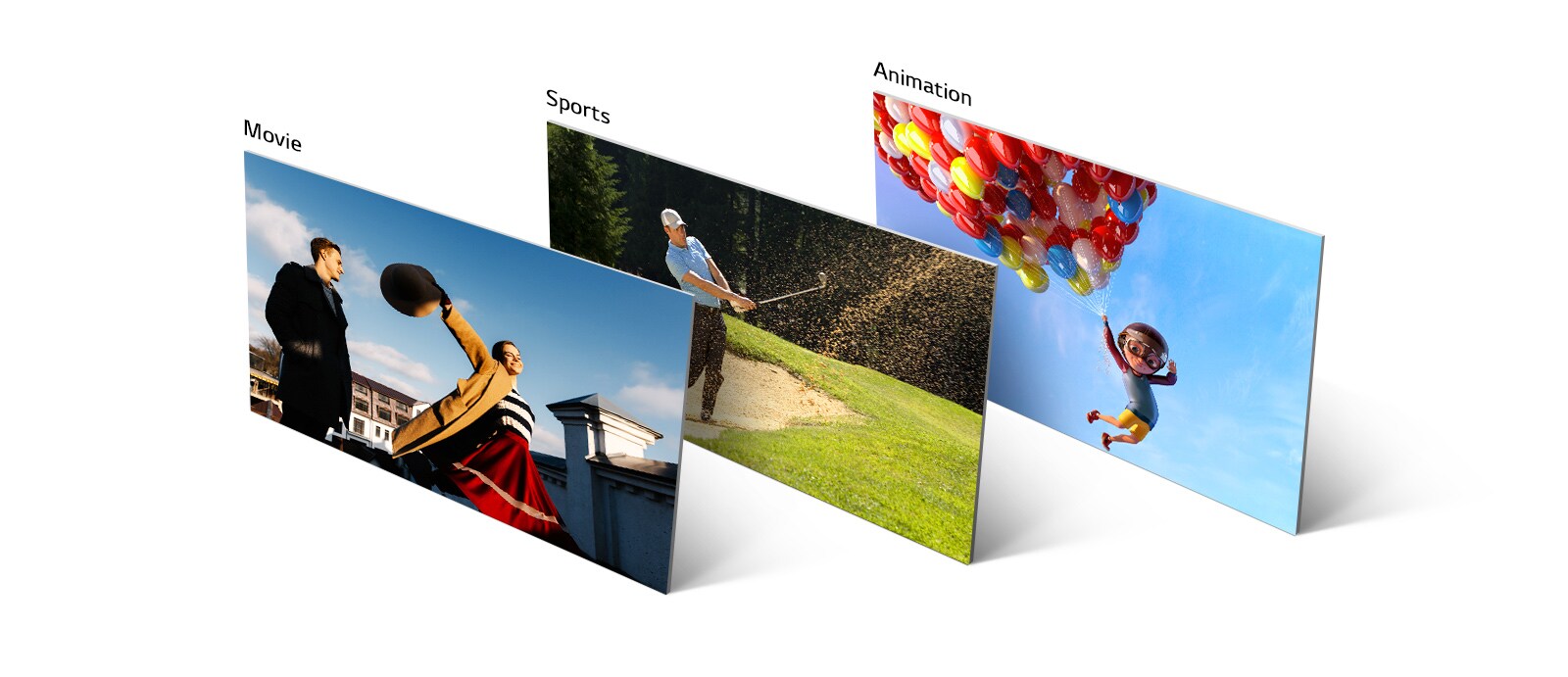 Vertikaliai ir įžambiai sulygiuotos filmo, golfo žaidimo ir animacijos scenos.