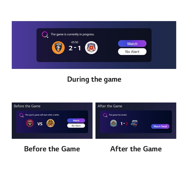 Po vaizdu pateikiamas skirtingų tipų pranešimų apie rezultatus, numatytas rungtynių datas ir pradžios laiką horizontaliai išdėstytas sąrašas.