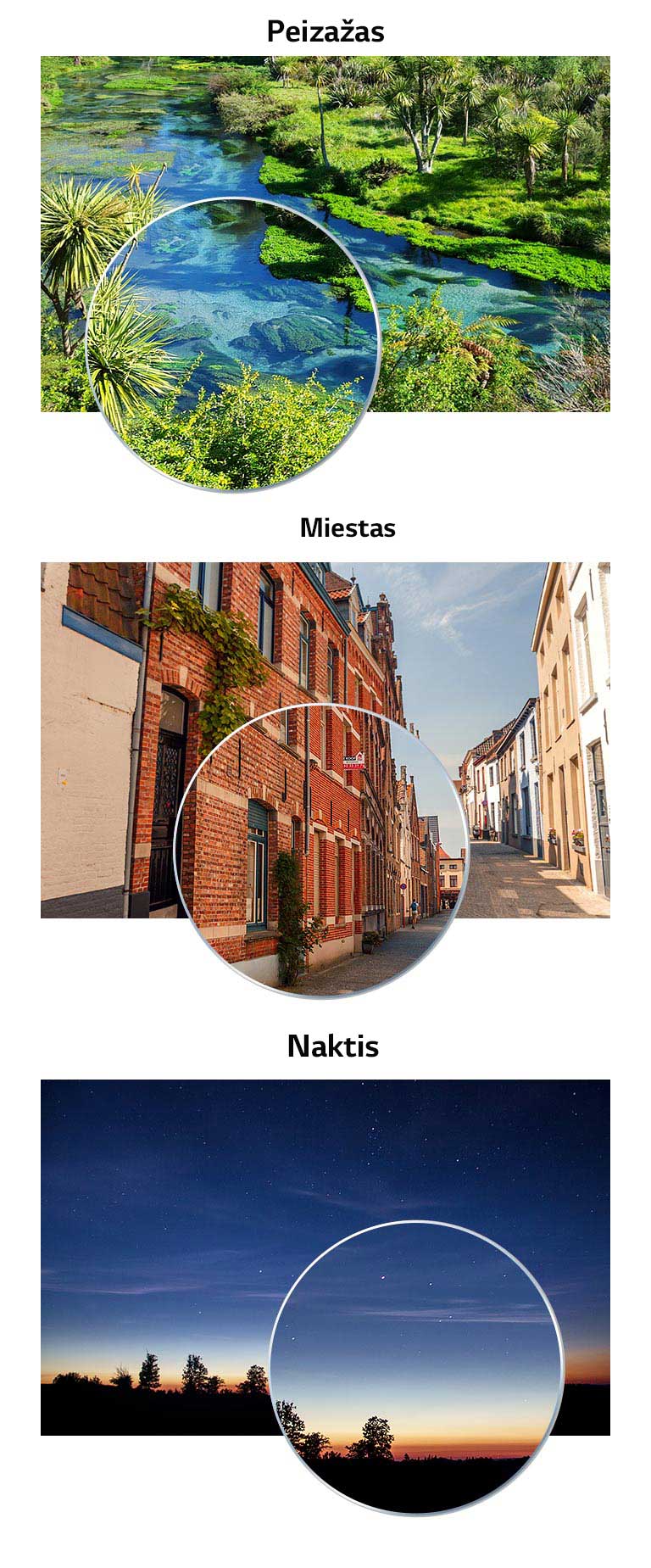 Vaizdo kokybės palyginimas pagal scenos tipus „Peizažas“, „Miestas“, „Naktis“ ir „Kita“.