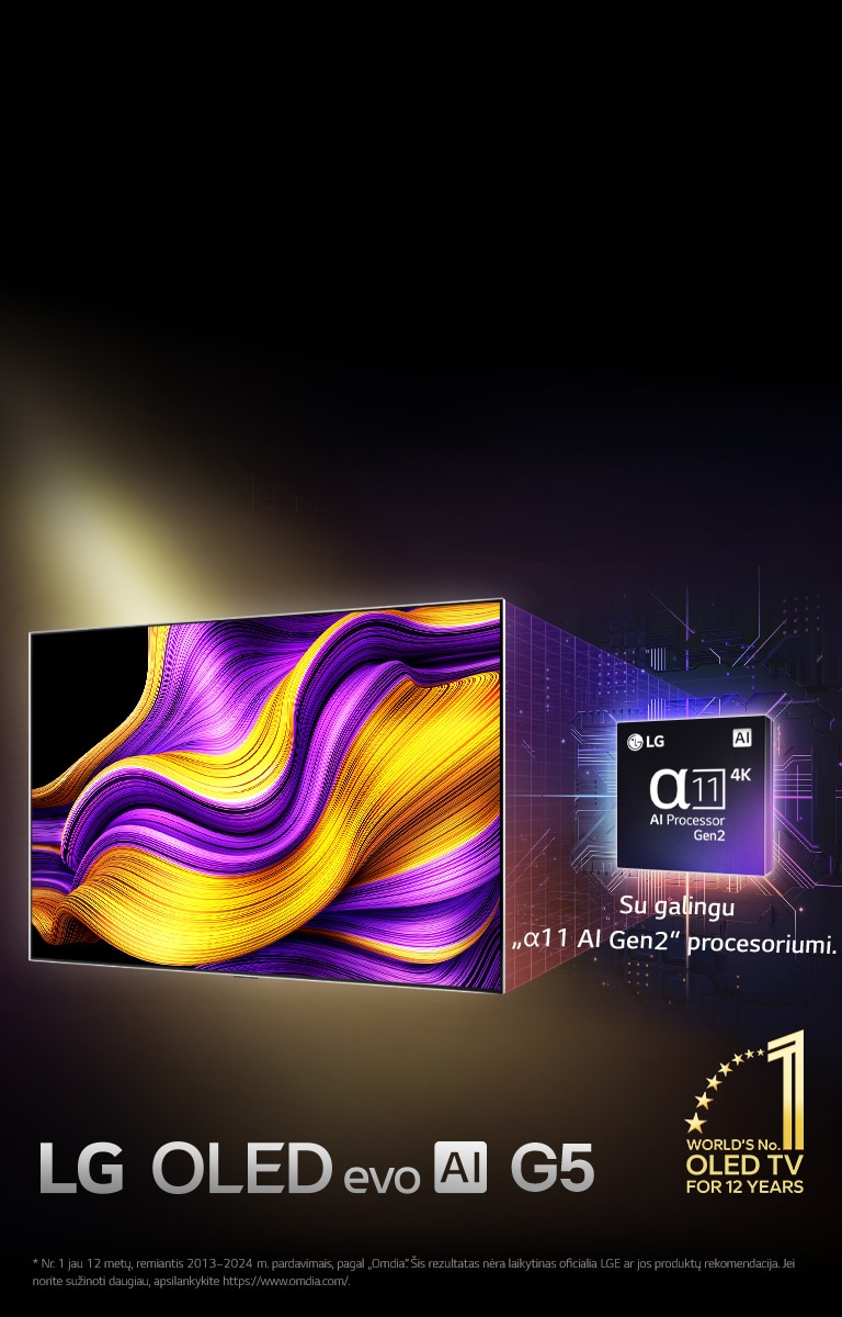 „LG OLED evo AI TV“ televizoriaus ekrane matomas abstraktus vaizdas, pasižymintis įspūdingu detalumu, spalvomis ir kontrastingumu. Už televizoriaus matyti padidintas „alpha 11 AI Processor Gen2“ procesorius. Jis švyti, apšviesdamas aplink jį esančias mikroschemų grandines. Antraštėje rašoma: „LG OLED evo AI“. Taip pat matomas tekstas: „powered by LG alpha 11 AI processor Gen2“. Kampe yra auksinis logotipas su žvaigždutėmis, ant kurio užrašyta: „world's number one OLED TV for 12 years“.