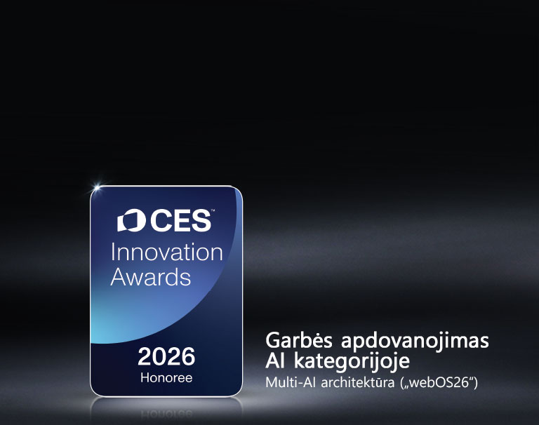 Tamsiame fone rodomas „CES Innovation Awards 2026“ laureato ženklelis. „Multi-AI Architecture“ pripažinta dirbtinio intelekto kategorijoje.	