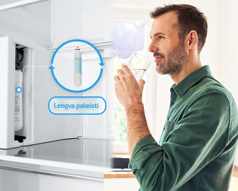 Dvi atskiros kortelės: kairėje pusėje spontaniškai keičiami filtrai, o dešinėje –  žmogus gali gerti šviežio vandens.