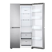 LG dviduris šaldytuvas | 655L | aukščio 1.79m | plotis 91.3cm | Pilka|F klasė | WiFi | DoorCooling | Total No Frost | GSBV70PZTM, iš dešinės atidaryto šaldytuvo su maisto produktais vaizdas iš priekio, GSBV70PZTM, thumbnail 7