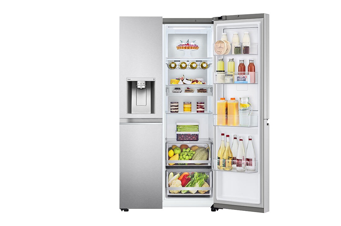 LG Side-by-Side Door-in-Door™ šaldytuvas, 635L, plotis 91,3cm, aukščio 179cm, Total No Frost, iš dešinės atidaryto šaldytuvo vaizdas iš priekio, GSJV90BSAE, thumbnail 11