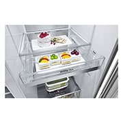 LG Side-by-Side Door-in-Door™ šaldytuvas, 635L, plotis 91,3cm, aukščio 179cm, Total No Frost, atidaryto šaldytuvo su maisto produktais vaizdas iš priekio, GSJV90BSAE, thumbnail 9