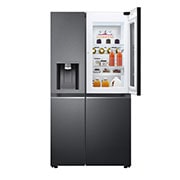 LG dviduris šaldytuvas | InstaView™ Door-in-Door | 635L | aukščio 1.79m | plotis 91.3cm | Pilka| E klasė | WiFi | DoorCooling | Total No Frost | GSXV90MCAE, atidaryto šaldytuvo su maisto produktais vaizdas iš priekio, GSXV90MCAE, thumbnail 2