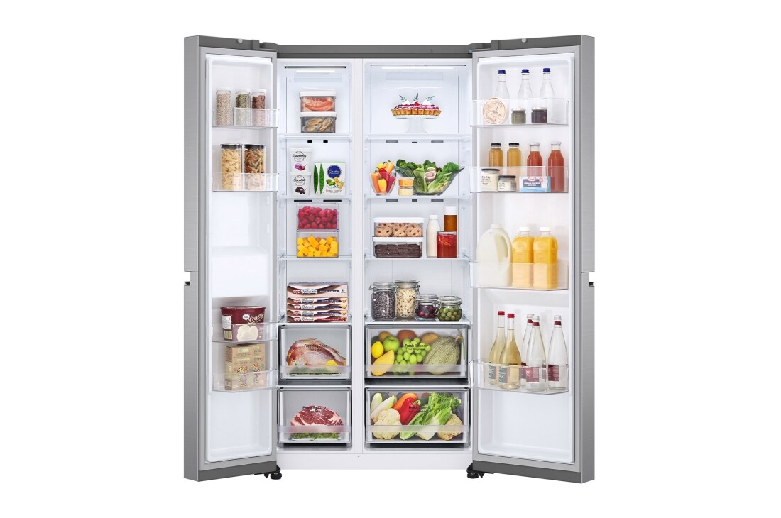 LG Side-by-Side šaldytuvas, 655L, plotis 91,3cm, aukščio 179cm, Total No Frost, atidaryto šaldytuvo su maisto produktais vaizdas iš priekio, GSBV70PZTE, thumbnail 2