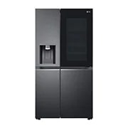 LG dviduris šaldytuvas | InstaView™ Door-in-Door | 635L | aukščio 1.79m | plotis 91.3cm | Pilka| E klasė | WiFi | DoorCooling | Total No Frost | GSXV91MCAE, atidaryto šaldytuvo su maisto produktais vaizdas iš priekio, GSXV91MCAE, thumbnail 2