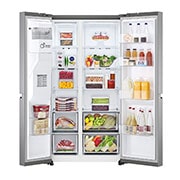 LG Side-by-Side šaldytuvas, 635L, plotis 91,3cm, aukščio 179cm, Total No Frost, atidaryto šaldytuvo su maisto produktais vaizdas iš priekio, GSLV70PZTM, thumbnail 2