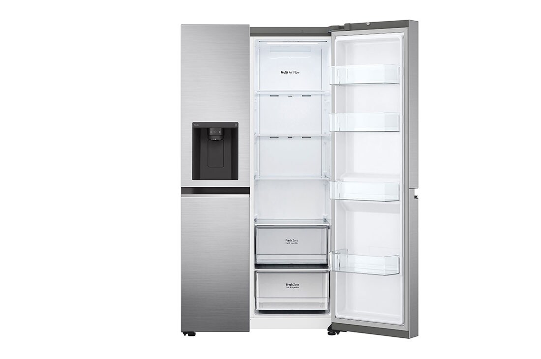 LG Side-by-Side šaldytuvas, 635L, plotis 91,3cm, aukščio 179cm, Total No Frost, iš dešinės atidaryto šaldytuvo vaizdas iš priekio, GSLV70PZTM, thumbnail 10