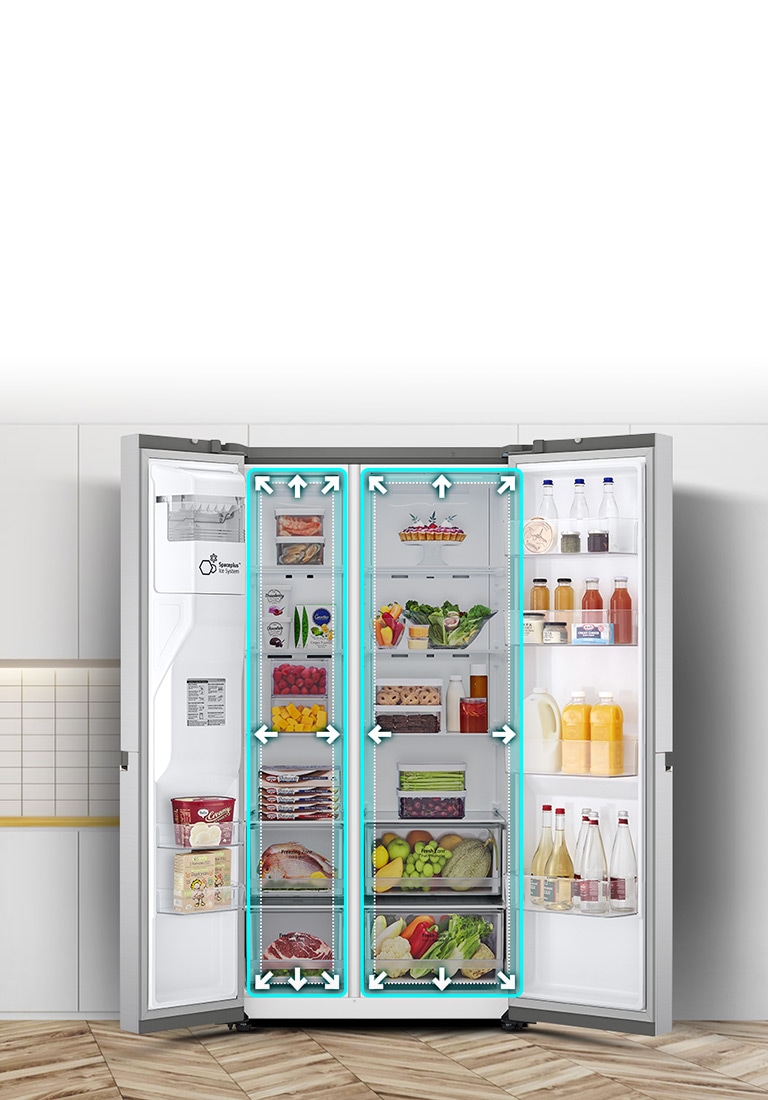 Prasideda vaizdo įrašas su plačiai atverto šaldytuvo vaizdu iš priekio. Vidinės erdvės apibrėžtos neoninėmis linijomis, o rodyklės pradeda stumti linijas į išorę, iliustruodamos, kad viduje yra daugiau erdvės. Neoninis kvadratas aplink vidines erdves mirksi, kad parodytų skirtumą tarp naujos erdvės ir senosios – mažesnės, kuri dabar apibrėžiama balta punktyrine linija.