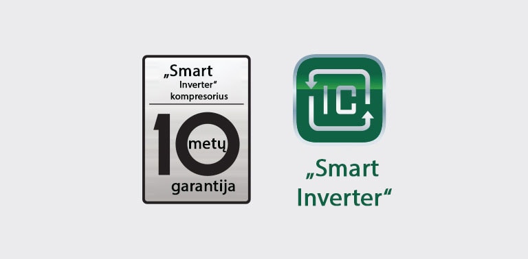 „Smart Inverter Compressor“ logotipe šalia „Smart Inverter“ logotipo nurodyta 10 metų garantija.