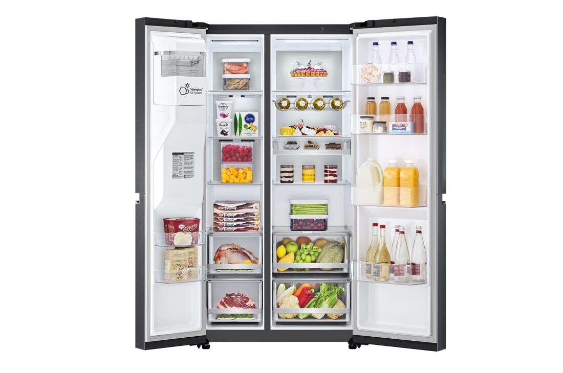 LG 635L No-Frost Side-by-Side šaldytuvas, plotis 91,3cm, aukščio 179cm , atidaryto šaldytuvo su maisto produktais vaizdas iš priekio, GSLV90MCAE, thumbnail 2