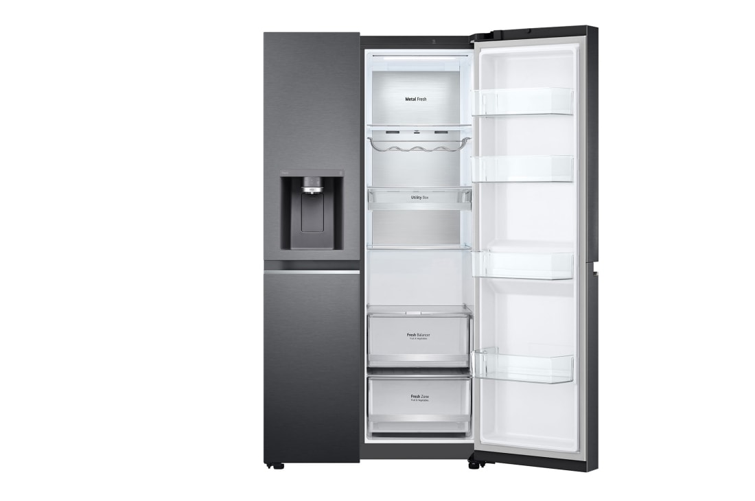 LG 635L No-Frost Side-by-Side šaldytuvas, plotis 91,3cm, aukščio 179cm , iš dešinės atidaryto šaldytuvo vaizdas iš priekio, GSLV90MCAE, thumbnail 11