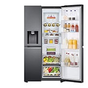 LG 635L No-Frost Side-by-Side šaldytuvas, plotis 91,3cm, aukščio 179cm , iš dešinės atidaryto šaldytuvo su maisto produktais vaizdas iš priekio, GSLV90MCAE, thumbnail 10