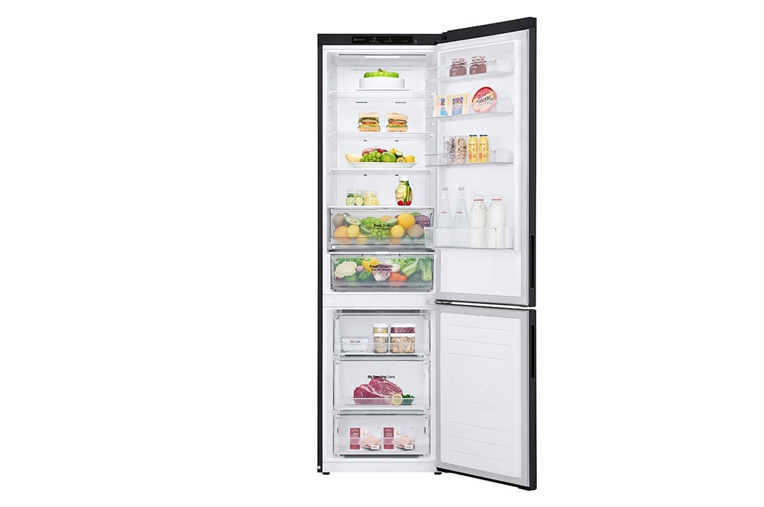 LG Šaldytuvas su šaldikliu apačioje |2.03m | 384L | Pilka| B klasė | DoorCooling | Total No Frost | GBP62MCNBC, front open view with food , GBP62MCNBC, thumbnail 2