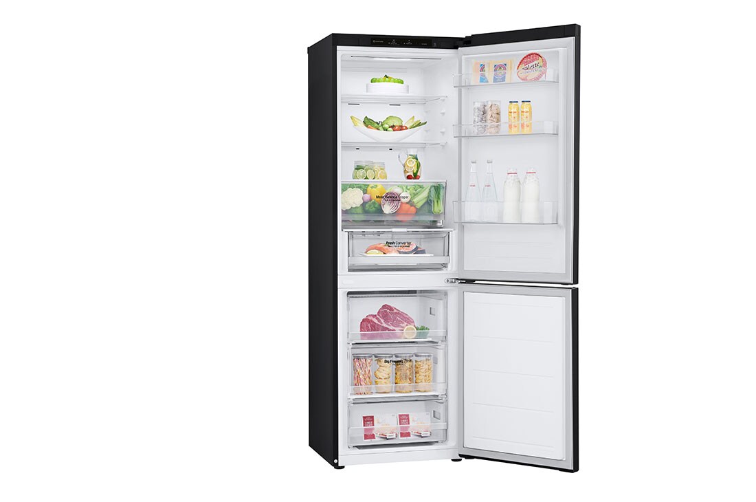 LG Šaldytuvas su šaldikliu&nbsp;apačioje | 1.86m |&nbsp;344L | Juoda |&nbsp;D&nbsp;klasė | DoorCooling | Total No Frost&nbsp;| GBV3100DEP, Left open with food, GBV3100DEP, thumbnail 11