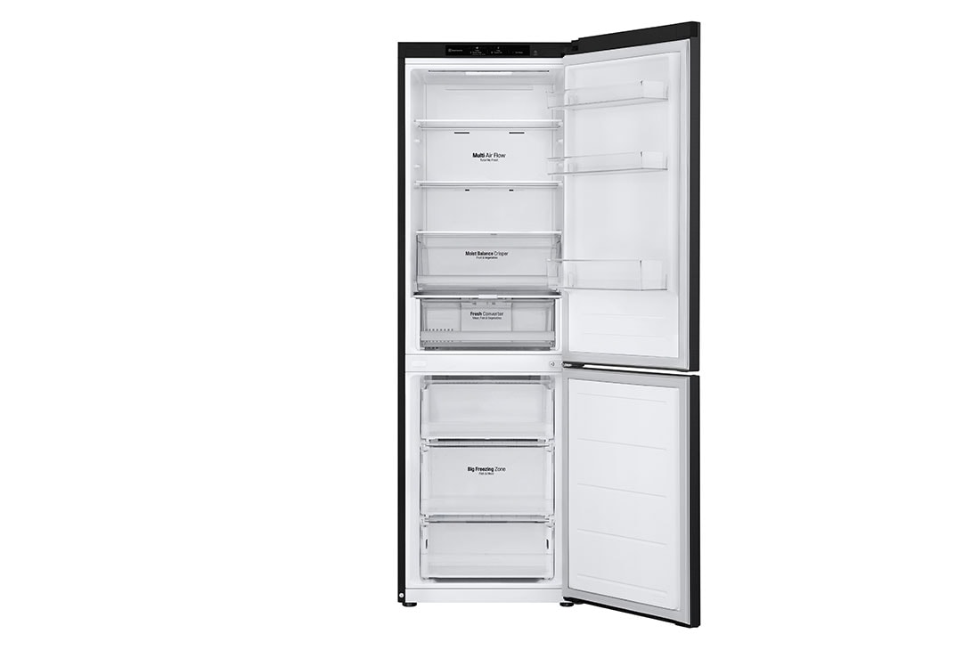LG Šaldytuvas su šaldikliu&nbsp;apačioje | 1.86m |&nbsp;344L | Juoda |&nbsp;D&nbsp;klasė | DoorCooling | Total No Frost&nbsp;| GBV3100DEP, front view all open, GBV3100DEP, thumbnail 2