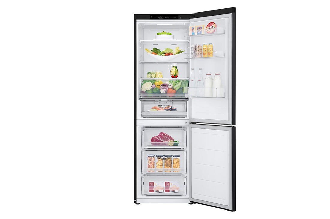 LG Šaldytuvas su šaldikliu&nbsp;apačioje | 1.86m |&nbsp;344L | Juoda |&nbsp;D&nbsp;klasė | DoorCooling | Total No Frost&nbsp;| GBV3100DEP, front view all open food, GBV3100DEP, thumbnail 3