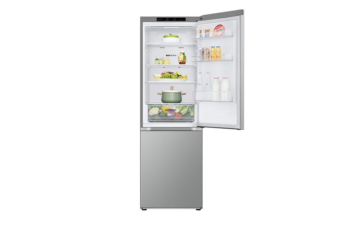 LG Šaldytuvas su šaldikliu apačioje |1.86m | 344L | Pilka| C klasė | DoorCooling | Total No Frost |GBV31E0CPY, Front TopDoorOpen view with Food, GBV31E0CPY, thumbnail 4