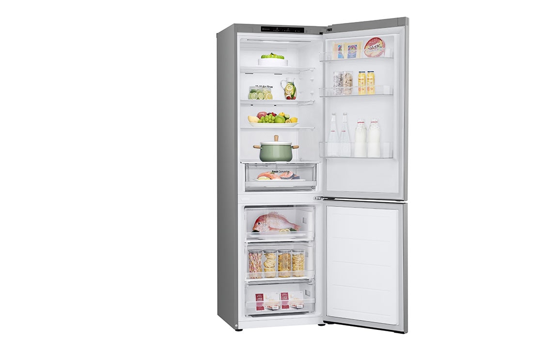 LG Šaldytuvas su šaldikliu apačioje |1.86m | 344L | Pilka| C klasė | DoorCooling | Total No Frost |GBV31E0CPY, Left Side Open view with Food, GBV31E0CPY, thumbnail 10