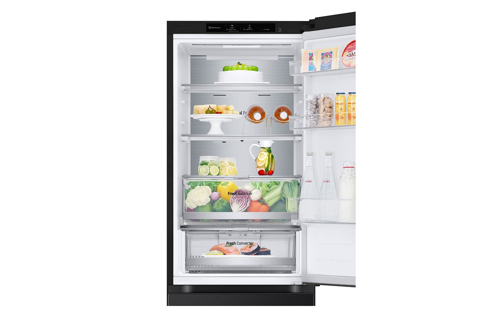 LG Šaldytuvas su šaldikliu apačioje |1.86m |  387L | Juoda | C klasė | DoorCooling | Total No Frost | GBV7180CEV, top inside view with food, GBV7180CEV, thumbnail 8