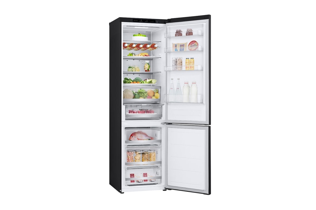 LG šaldytuvas su šaldikliu apačioje | 2.03m | 387L | Juoda | C klasė | DoorCooling+™ | Fresh Converter™, 30 deg view door open with fill, GBV5240CEP, thumbnail 11