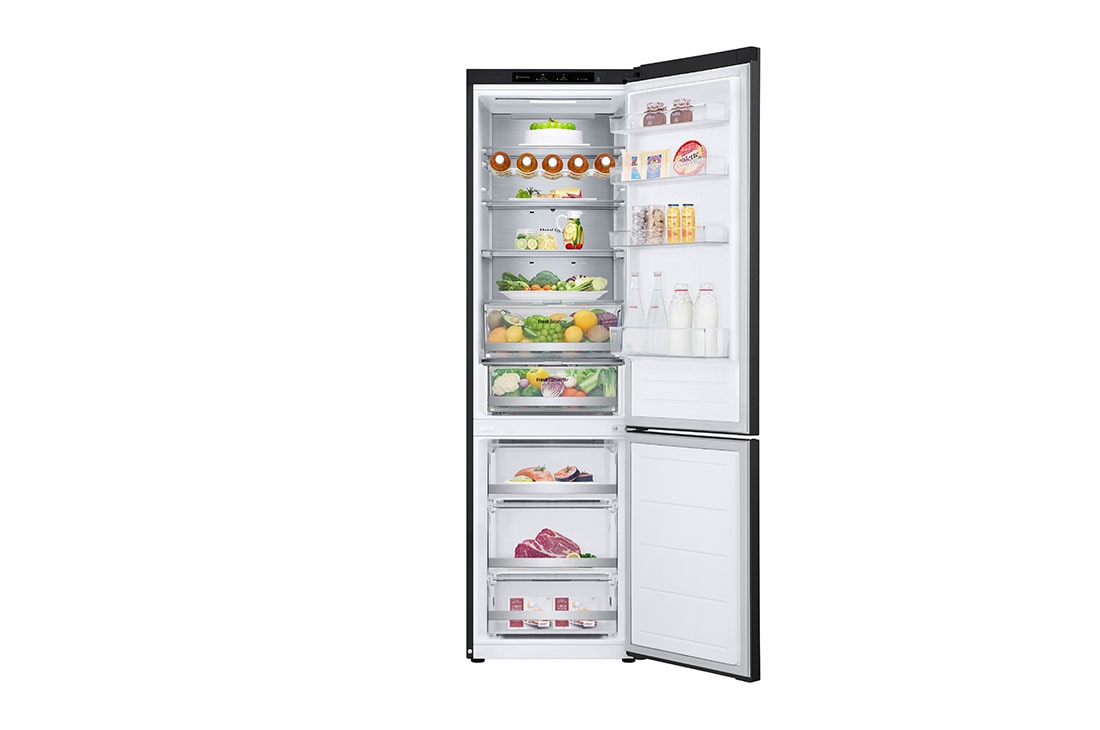 LG Šaldytuvas su šaldikliu&nbsp;apačioje |2.03m |&nbsp;&nbsp;387L | Juoda |&nbsp;C klasė | DoorCooling | Total No Frost&nbsp;| GBV7280CEV, front door open view with food, GBV7280CEV, thumbnail 2