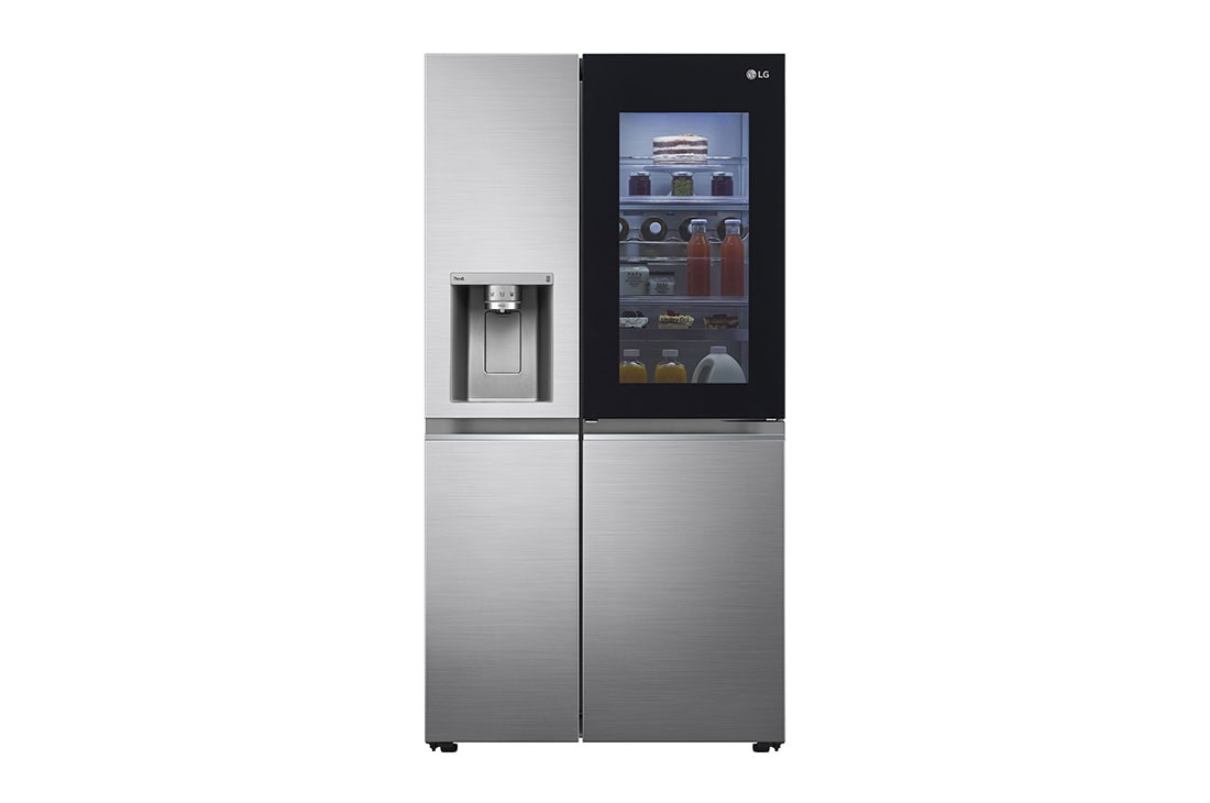LG Side-by-Side InstaView Door-in-Door™ šaldytuvas,635L, plotis 91,3cm, aukščio 179cm, Total No Frost, skats no priekšpuses uz apgaismoto pārtiku, GSXV91PZAE