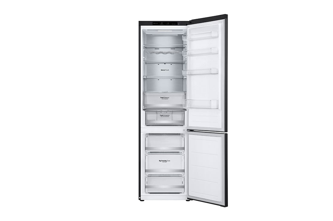 LG šaldytuvas su šaldikliu apačioje | 2.03m | 387L | Juoda | D klasė | DoorCooling+™ | Fresh Converter™, front door open view, GBV7280DEV, thumbnail 3