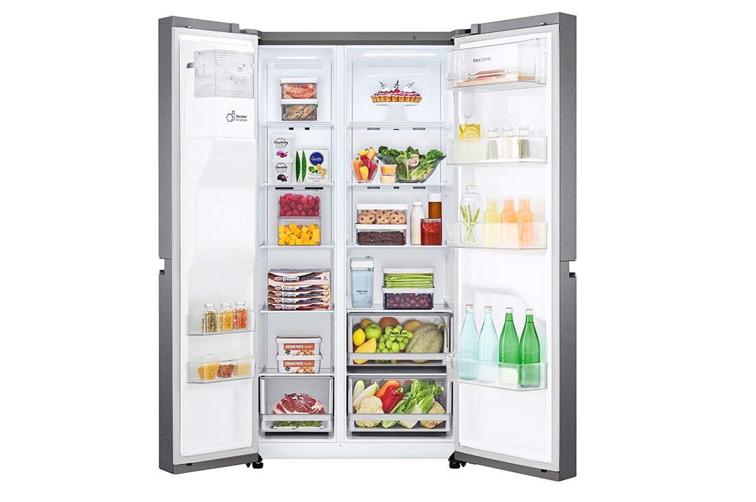 LG sdviduris šaldytuvas | 634L | aukščio 1.79m | plotis 91.3cm | Pilka| F klasė | WiFi | DoorCooling | Total No Frost | GSLV31MCXM, Front door open with food, GSLV31MCXM, thumbnail 2