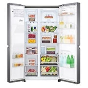 LG sdviduris šaldytuvas | 634L | aukščio 1.79m | plotis 91.3cm | Pilka| F klasė | WiFi | DoorCooling | Total No Frost | GSLV31MCXM, Front door open with food, GSLV31MCXM, thumbnail 2