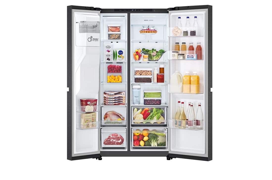 LG Side-by-Side šaldytuvas | aukštis 1.79m | plotis 91.4cm | 661L | Juoda | E klasė | Express Cool | Ice & Water dalytuvas , atidaryto šaldytuvo su maisto produktais vaizdas iš priekio, GSLC41EPPE, thumbnail 2