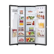 LG Side-by-Side šaldytuvas | aukštis 1.79m | plotis 91.4cm | 661L | Juoda | E klasė | Express Cool | Ice & Water dalytuvas , atidaryto šaldytuvo su maisto produktais vaizdas iš priekio, GSLC41EPPE, thumbnail 2