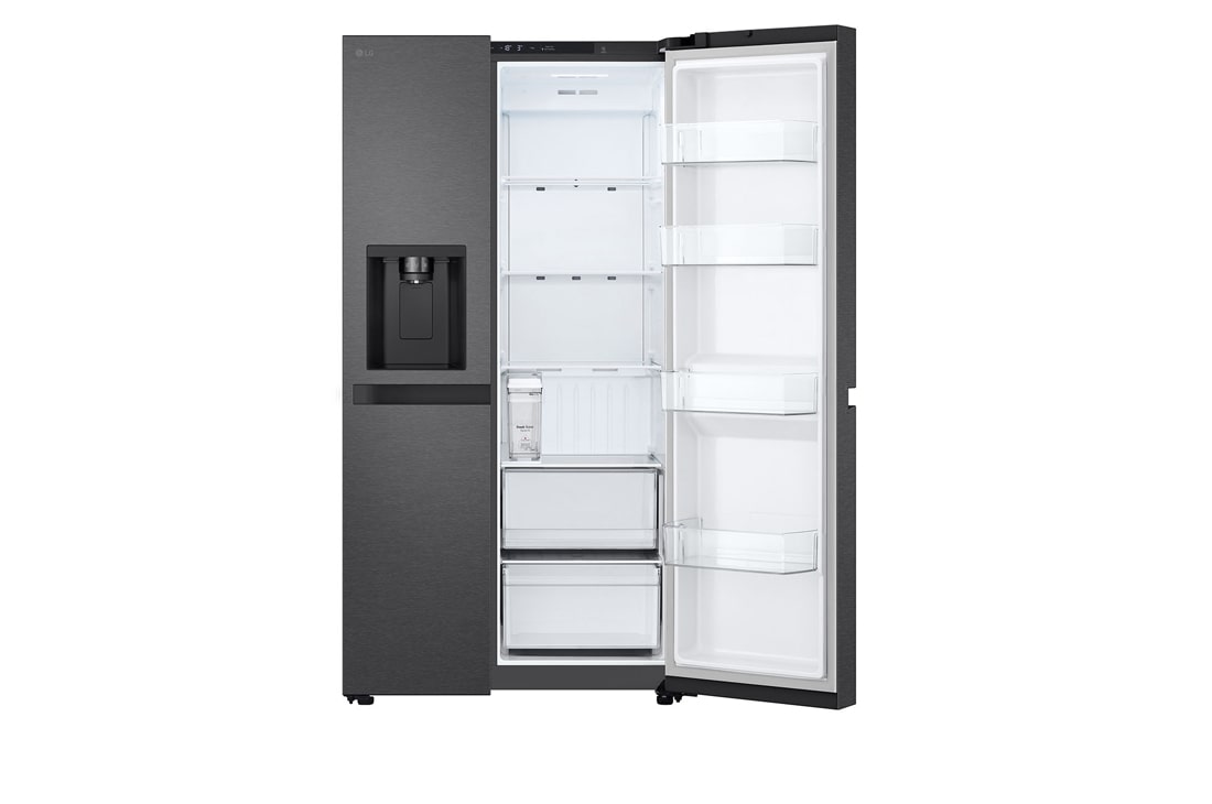 LG Side-by-Side šaldytuvas | aukštis 1.79m | plotis 91.4cm | 661L | Juoda | E klasė | Express Cool | Ice & Water dalytuvas , iš dešinės atidaryto šaldytuvo vaizdas iš priekio, GSLC41EPPE, thumbnail 10