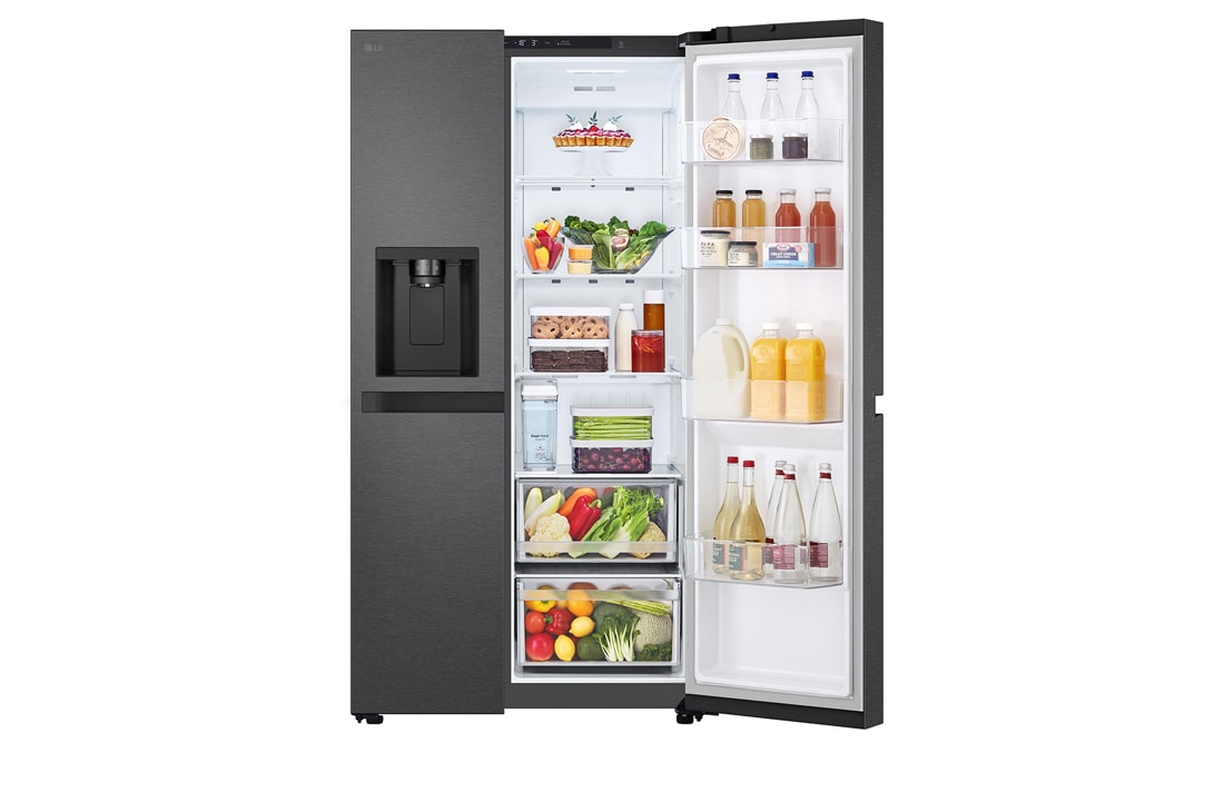 LG Side-by-Side šaldytuvas | aukštis 1.79m | plotis 91.4cm | 661L | Juoda | E klasė | Express Cool | Ice & Water dalytuvas , iš dešinės atidaryto šaldytuvo su maisto produktais vaizdas iš priekio, GSLC41EPPE, thumbnail 9