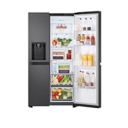 LG Side-by-Side šaldytuvas | aukštis 1.79m | plotis 91.4cm | 661L | Juoda | E klasė | Express Cool | Ice & Water dalytuvas , iš dešinės atidaryto šaldytuvo su maisto produktais vaizdas iš priekio, GSLC41EPPE, thumbnail 9