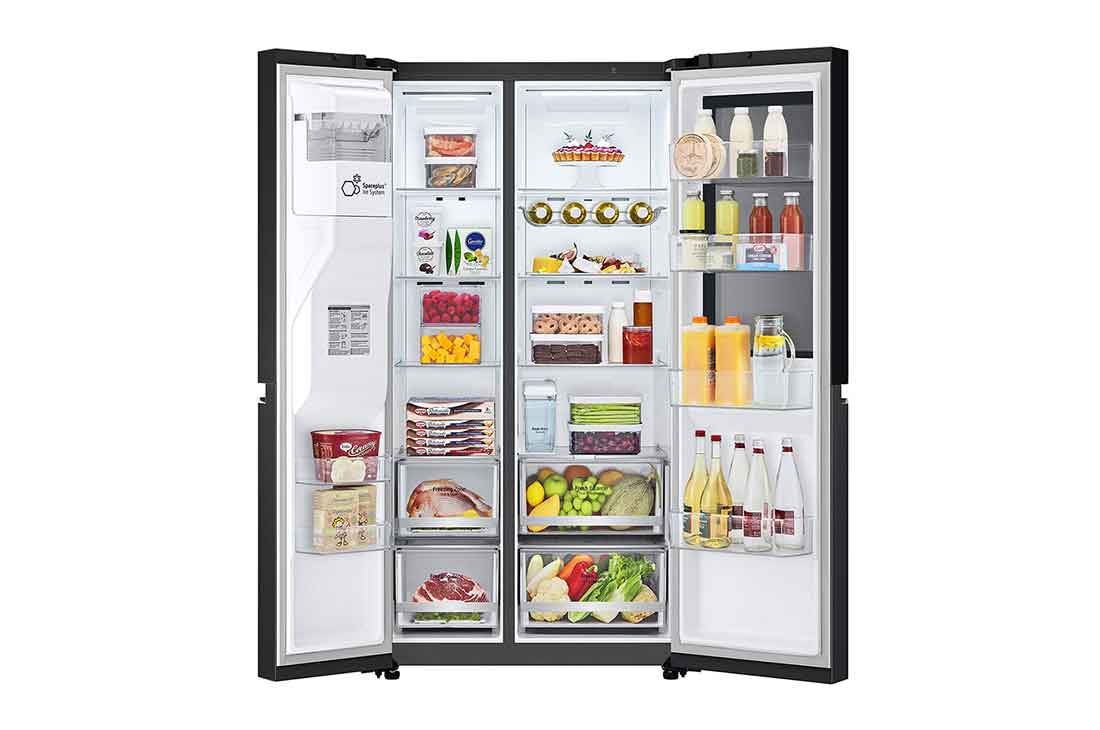 LG  LG InstaView Side by side šaldytuvas | 1.79m | 635L | Juoda | E klasė | Door Cooling | Fresh Balancer | GSGV81EPLL, front door open with food, GSGV81EPLL, thumbnail 4