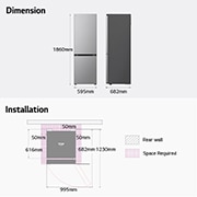 LG šaldytuvas su šaldikliu apačioje | 1.86m | 344L | Juoda | E klasė | DoorCooling+™ | Fresh Converter™, Matmenys ir įdiegimas, GBV3100EEP, thumbnail 13