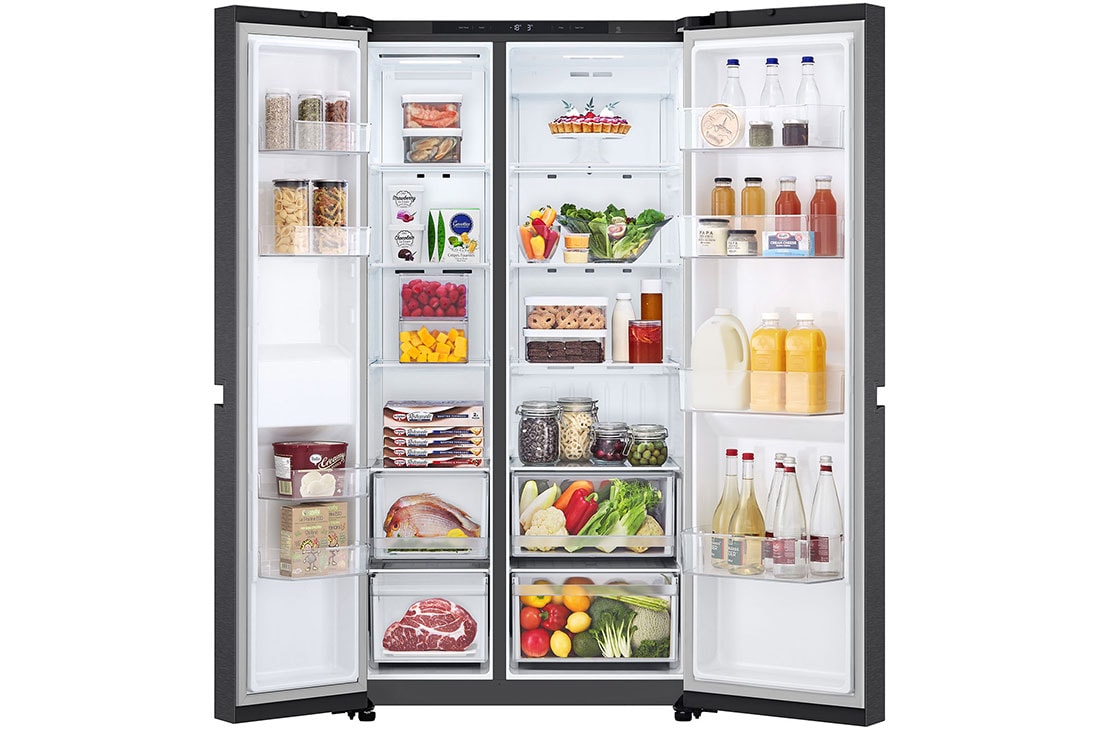 LG side by side| 644| aukščio 1.79m | plotis 91.3cm | Juoda| E klasė | WiFi | DoorCooling | Total No Frost | GSBC40EPPE, Priekis atidarytas, maistas, GSBC40EPPE, thumbnail 2