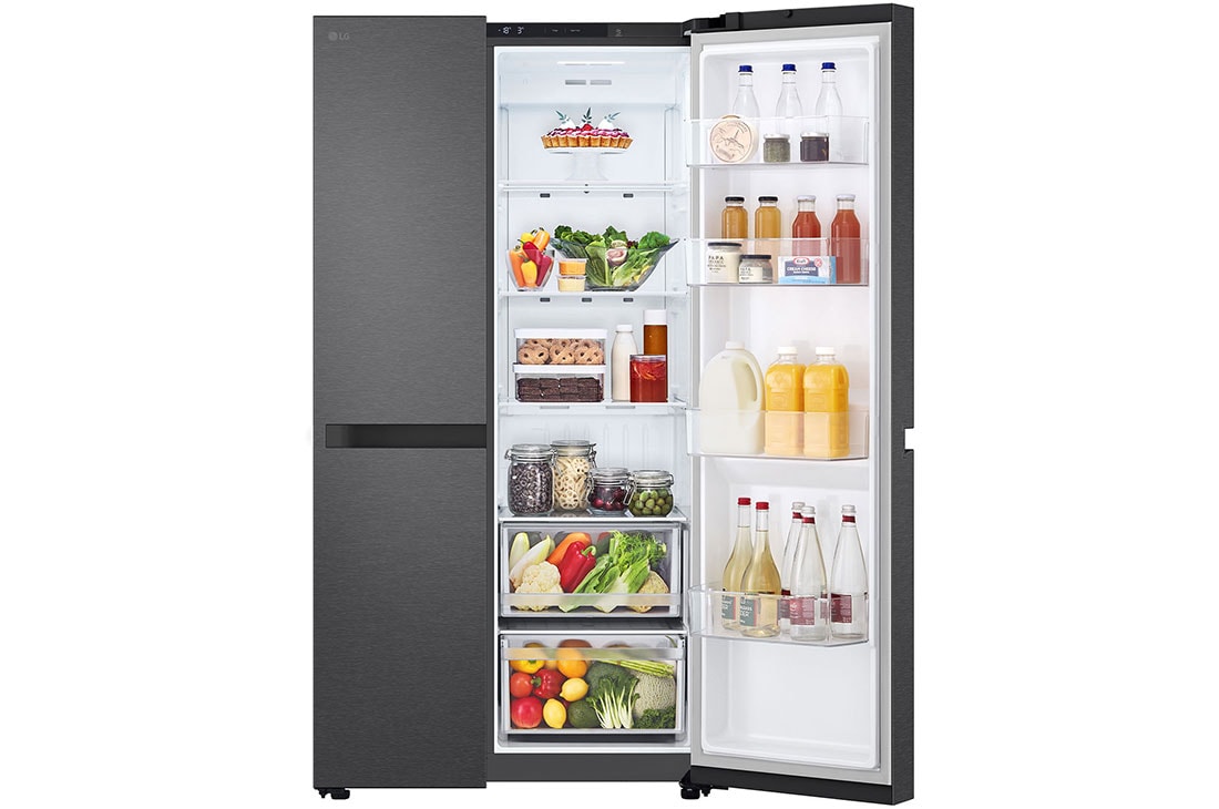 LG side by side| 644| aukščio 1.79m | plotis 91.3cm | Juoda| E klasė | WiFi | DoorCooling | Total No Frost | GSBC40EPPE, Priekis dešinė atidaryta maistas, GSBC40EPPE, thumbnail 6