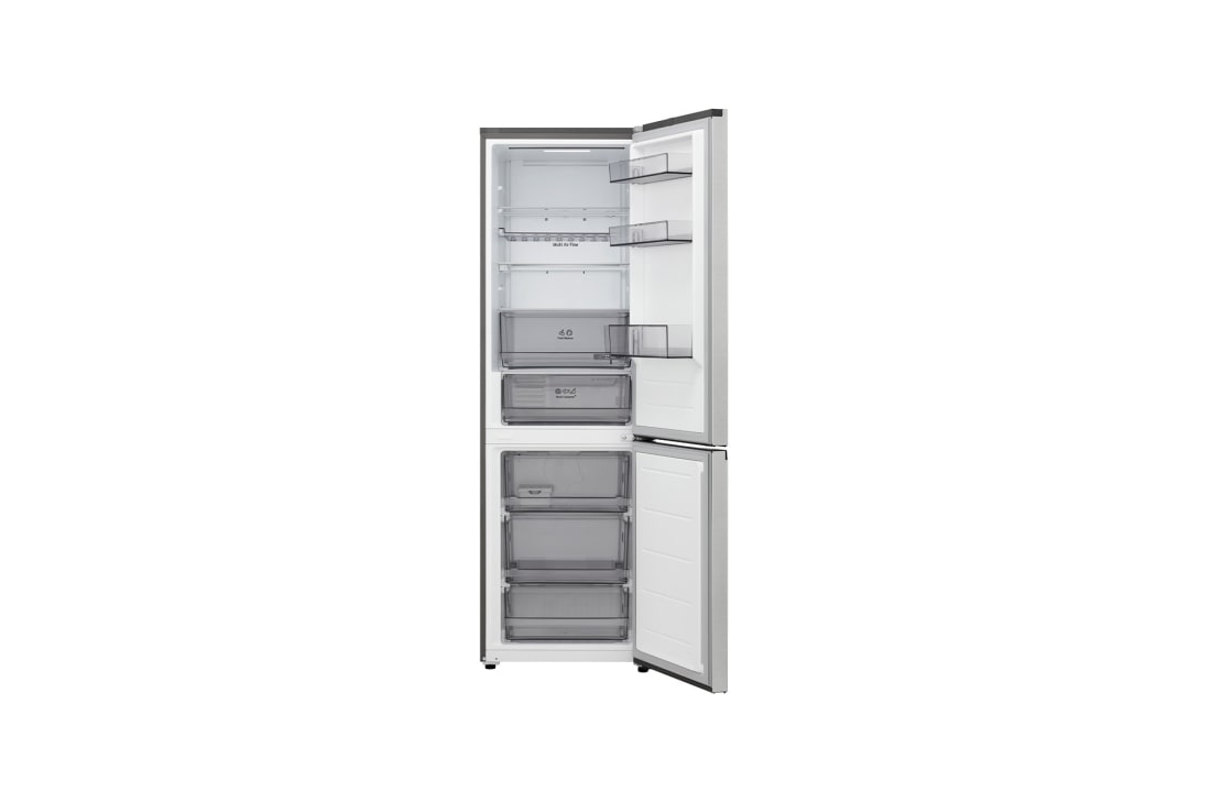 LG šaldytuvas su šaldikliu apačioje | 1.86m | 333L | Pilka | C klasė | DoorCooling+™ | FRESHBalancer™, LG šaldytuvas su šaldikliu apačioje , visiškai atviromis durelėmis rodoma, kas yra šaldytuve ir šaldiklyje, GBBS312CPY, thumbnail 2