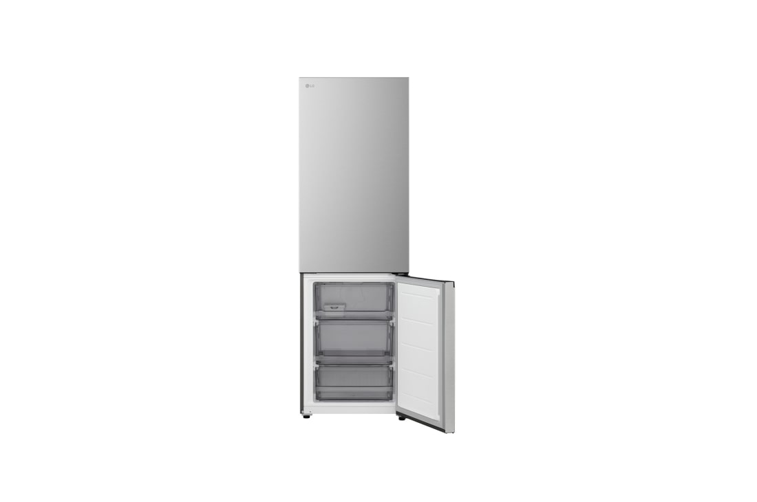 LG šaldytuvas su šaldikliu apačioje | 1.86m | 333L | Pilka | C klasė | DoorCooling+™ | FRESHBalancer™, LG šaldytuvo-šaldiklio  vaizdas iš viršaus, kairėje pusėje šaldytuvas, o dešinėje – siena su spintelėmis, GBBS312CPY, thumbnail 3