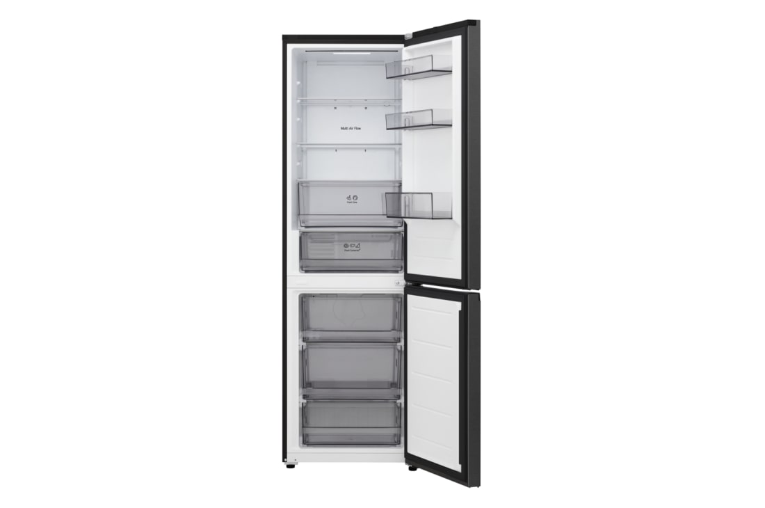 LG šaldytuvas su šaldikliu apačioje | 1.86m | 333L | Juoda | C klasė | DoorCooling+™ | FRESHBalancer™, LG šaldytuvas su šaldikliu apačioje , visiškai atviromis durelėmis rodoma, kas yra šaldytuve ir šaldiklyje, GBBSJ1CCEP, thumbnail 2