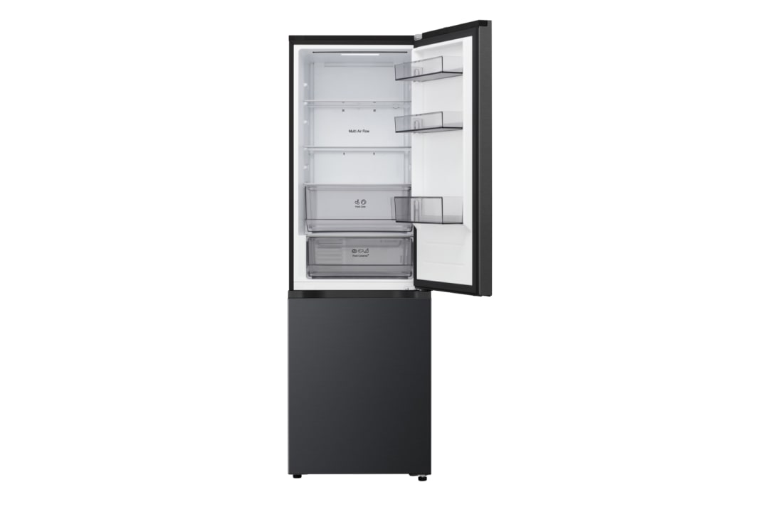 LG šaldytuvas su šaldikliu apačioje | 1.86m | 333L | Juoda | C klasė | DoorCooling+™ | FRESHBalancer™, Kairėje pusėje padėta mėsa –3 °C temperatūroje, viduryje – šviežia žuvis 0 °C temperatūroje, o dešinėje – sūris 2 °C temperatūroje., GBBSJ1CCEP, thumbnail 4