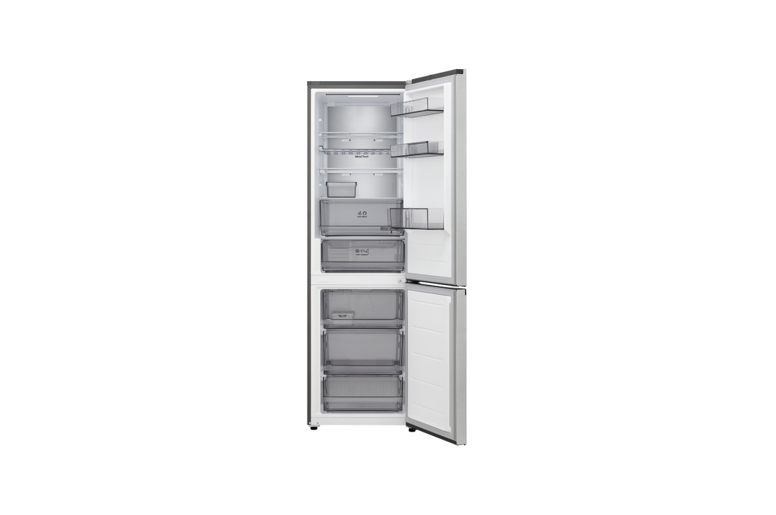 LG šaldytuvas su šaldikliu apačioje | 1.86m | 333L | Pilka | C klasė | DoorCooling+™ | FRESHBalancer™, LG šaldytuvas su šaldikliu apačioje , visiškai atviromis durelėmis rodoma, kas yra šaldytuve ir šaldiklyje, GBBS514CPY, thumbnail 2