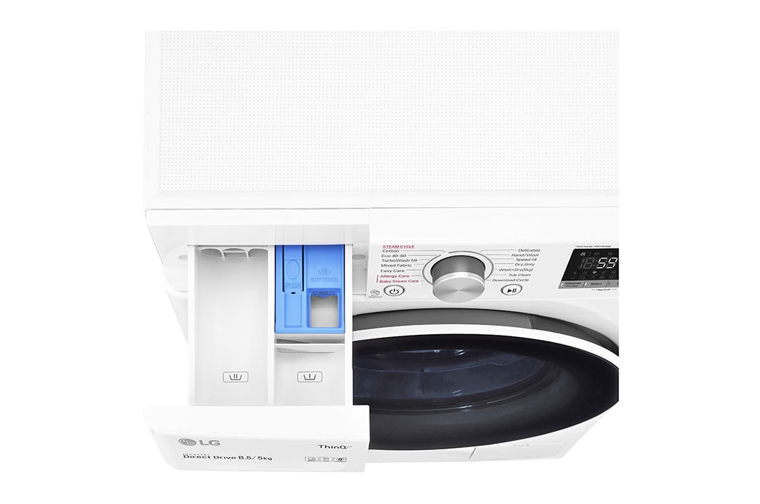 LG siaura skalbyklė ir džiovyklė  8.5/5kg | AIDD | V5 serijos |C/E | Gylis 47.5cm | Balta |Turbowash|Steam | WiFi |F2DV5S8S0, 8.5kg TurboWash™ skalbimo mašina su džiovintuvu, C klasė, F2DV5S8S0, thumbnail 6