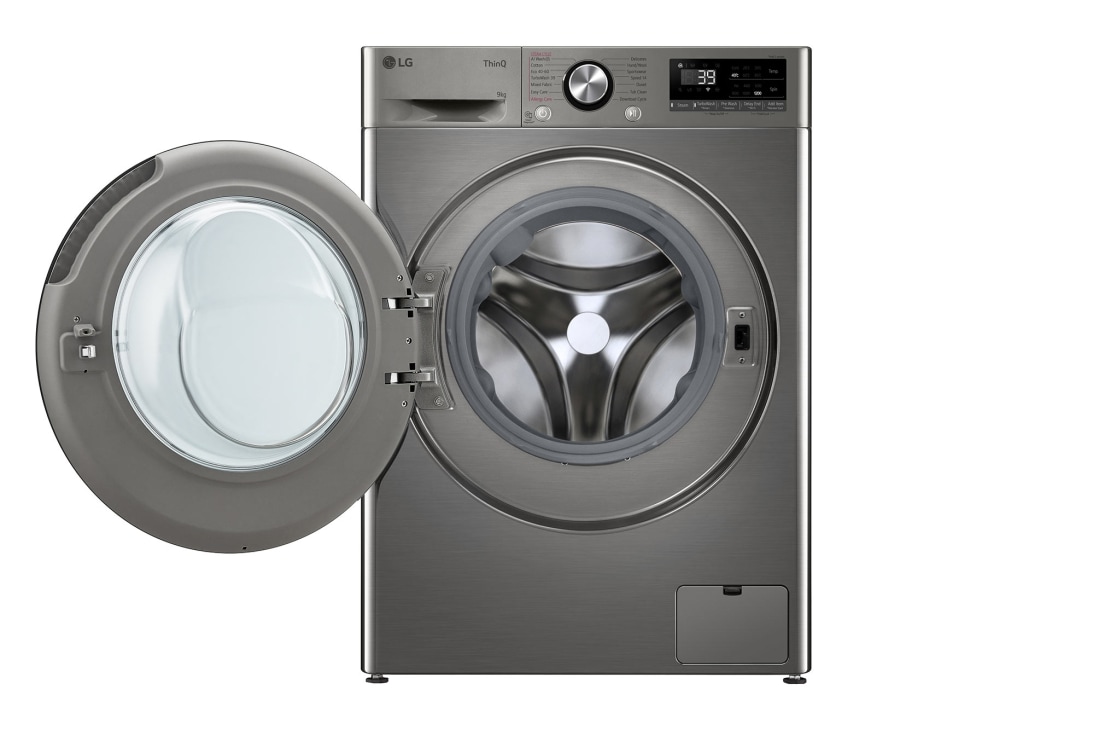 LG siaura skalbyklė 9 kg | AIDD | R7 serijos | A-10% | Gylis 47.5 cm | Pilka |Turbowash360 |Steam | WiFi |  F2WR709S2P, Front view with door open, F2WR709S2P, thumbnail 2