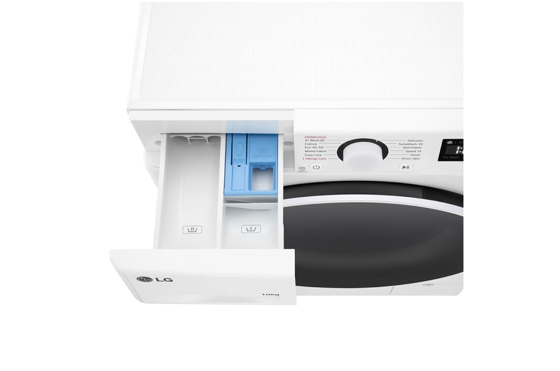 LG siaura skalbyklė 10 kg | AIDD | R5 serijos | A-10% | Gylis 47.5cm | Balta | Steam | F4WR510S0W, Top perspective drawer open, F4WR510S0W, thumbnail 7