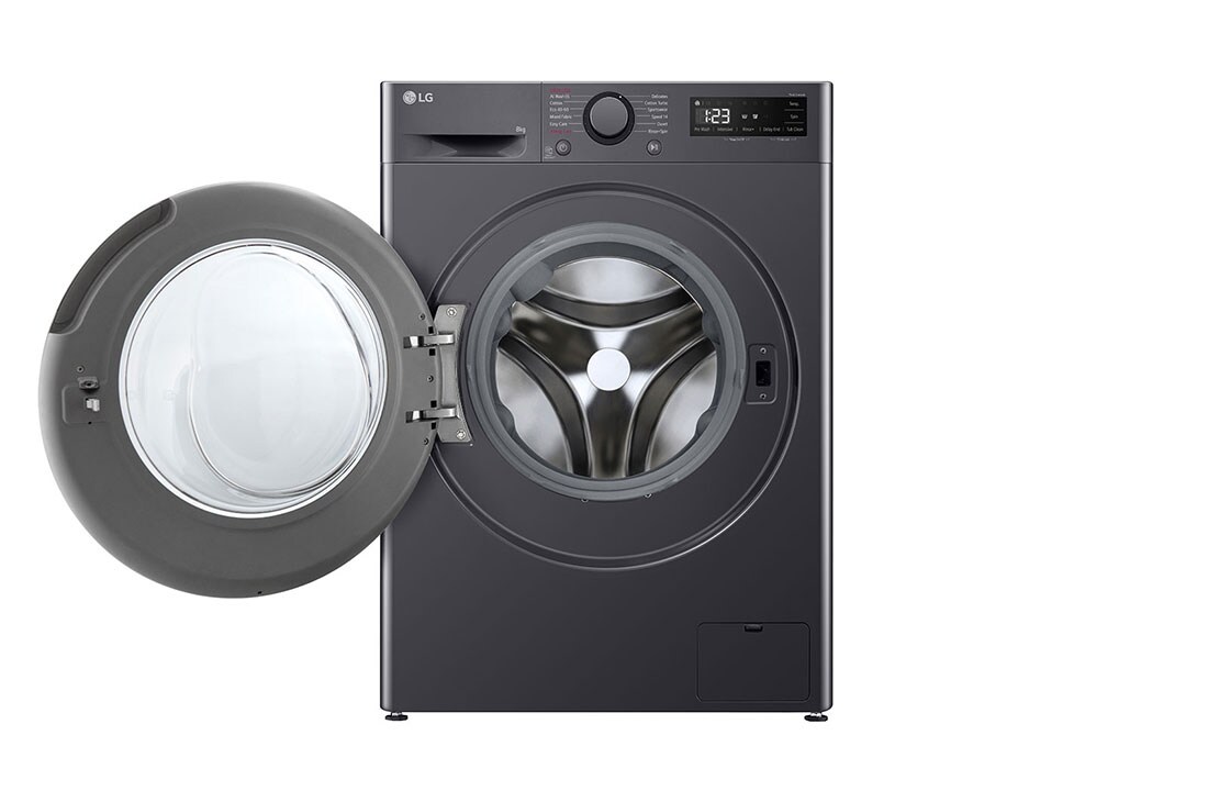 LG skalbimo mašina 8kg | Gylis 475 mm | A-10 % | R5 serija | Juoda | AI DD™ | Steam™ | Inverter Direct Drive™, Front view with door open, F2WR508SBM, thumbnail 2